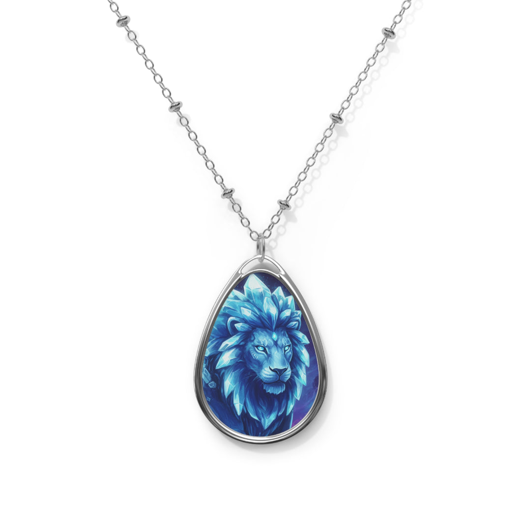 Blue Quartz Lion Oval Pendant Necklace